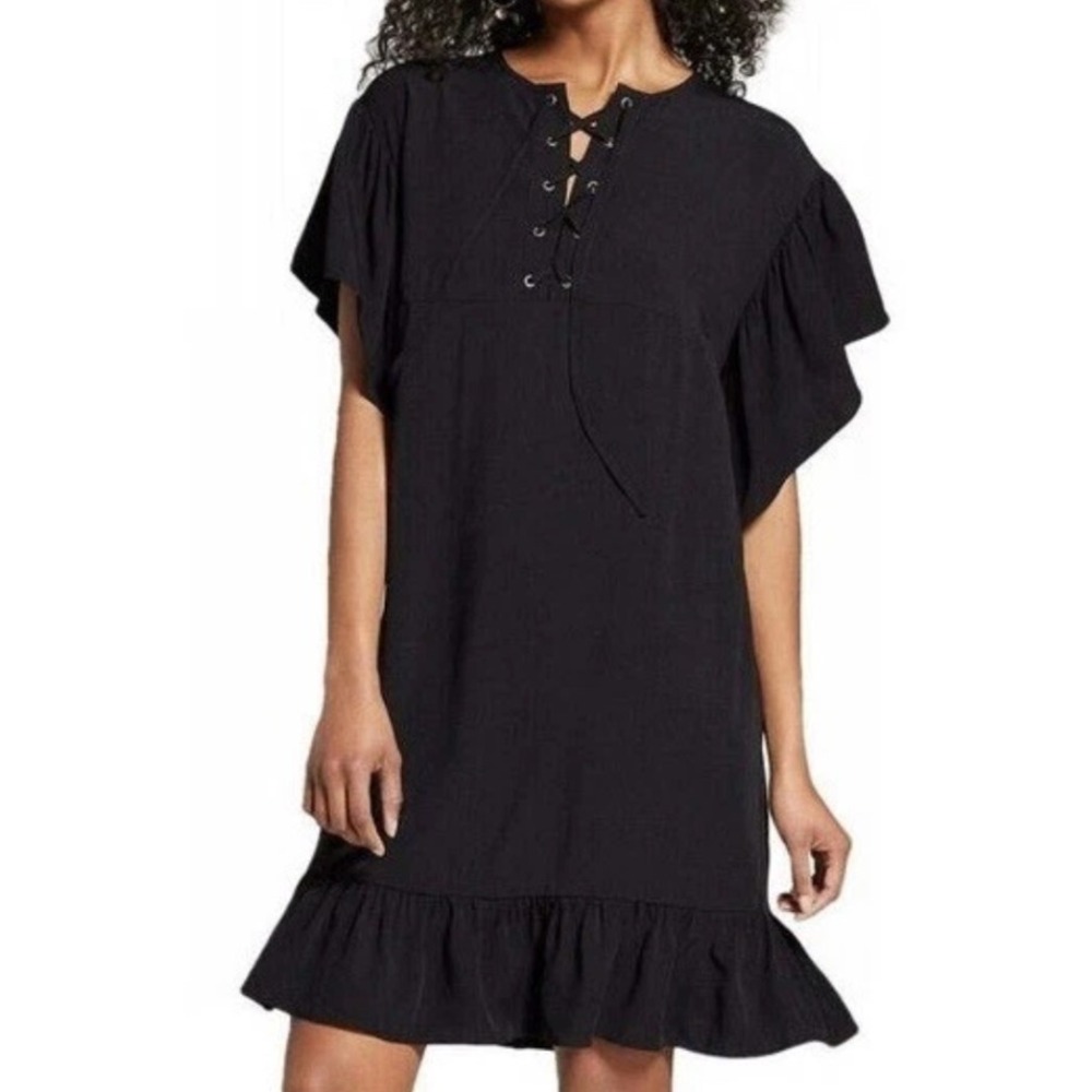 Who What Wear Lace Up Dress Women XL Black Flutter Sleeve Ruffle Hem Shift